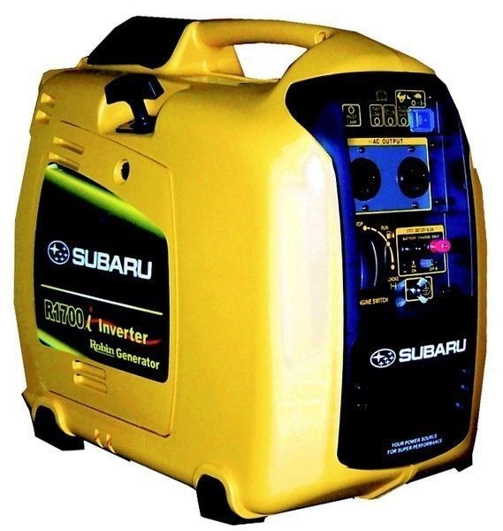 Yellow Subaru R1700i inverter generator with black control panel. Has a handle and wheels.