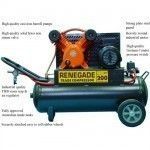 Renegade 200 trade compressor, black and orange, with wheels, and labeled parts.