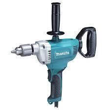 Makita power drill, turquoise and silver, with two handles for control.