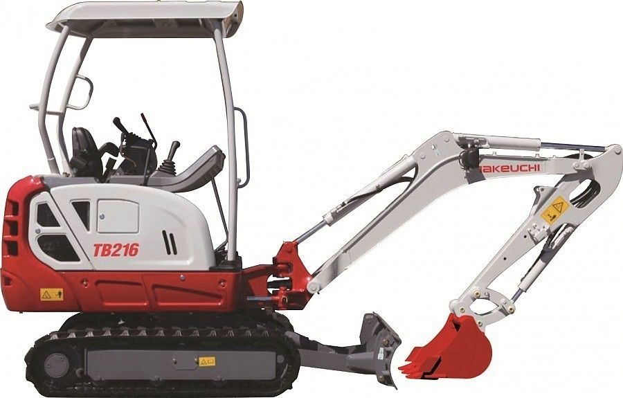 A compact white, red, and gray Takeuchi TB216 mini excavator on tracks with its bucket extended.