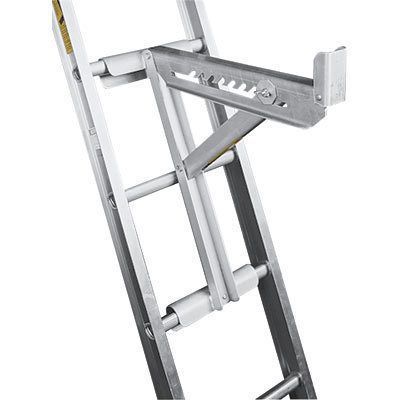 Ladder with a roof support bracket attached, extending horizontally.