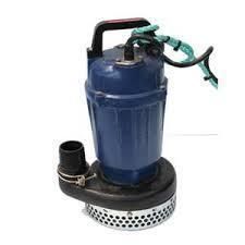 Blue submersible water pump with handle, power cord, and discharge outlet.
