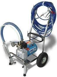 Blue and silver paint sprayer on wheels with hose coiled on a rack.