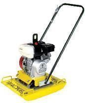 Yellow Wacker plate compactor with a black handle, on a white background.
