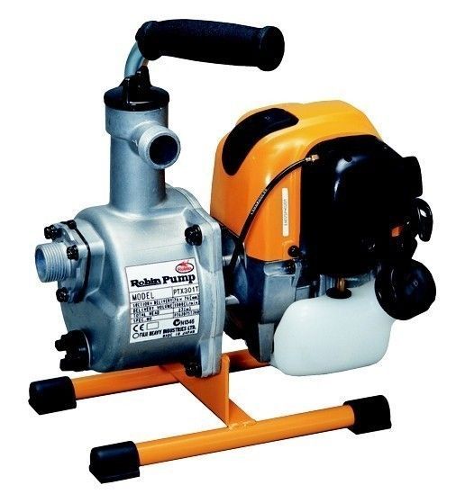 Gas-powered water pump with a handle, orange base, and engine cover.