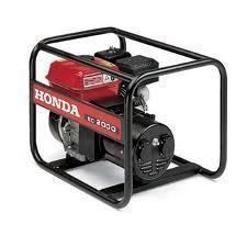 Honda generator in a black metal frame, red engine, black housing.