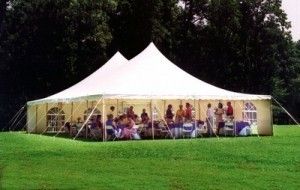 White tent on green grass, sheltering a gathering of people; trees in background.
