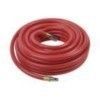 Red air hose coiled on a white surface.