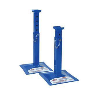 Two blue adjustable car jack stands.