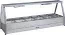 Stainless steel food warmer with glass sneeze guard and multiple food containers.