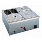 Stainless steel countertop food warmer with four compartments and lids.