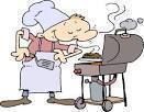 Chef grilling outdoors, smiling at food on the grill.