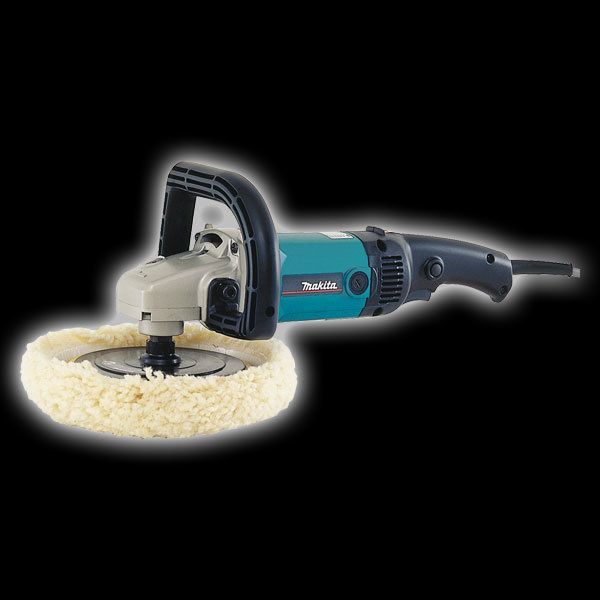 Makita polisher with a wool pad, teal and black, used for polishing surfaces.