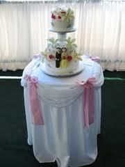 Wedding cake on tiered stand atop a white draped table, pink ribbons.