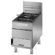 Commercial stainless steel gas range with open burners and storage drawers.