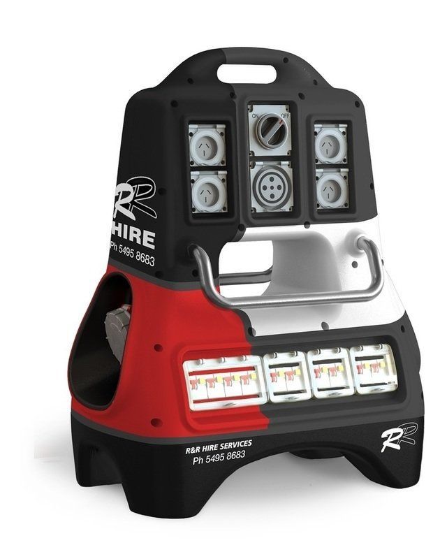 Red, white, and black power distribution box with six connectors and handles, labeled 