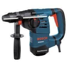 Blue and black Bosch rotary hammer drill with a side handle and red accents.