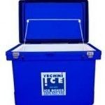 Blue Techni Ice cooler, lid open. White interior, white logo on front.