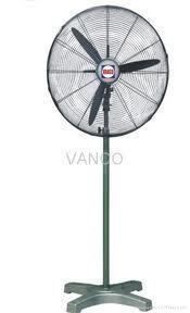 Standing oscillating industrial fan, green, black blades, metal cage.