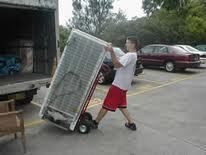 Man in shorts and t-shirt using a dolly to move a tall, white refrigerator from a truck in a parking lot.
