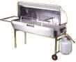 Outdoor gas grill with open lid and propane tank.
