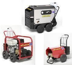 Three Spitwater pressure washers: red and silver models, various designs with wheels.