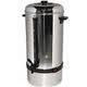 Silver stainless steel coffee urn with black handles and band.