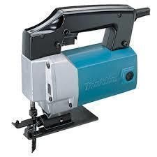 Blue and silver Makita jigsaw with a black handle and blade.