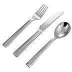Silverware set: fork, knife, and spoon arranged diagonally against a white background.
