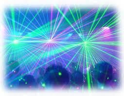Laser beams in green, blue, and purple light up a crowded room with a white vignette.
