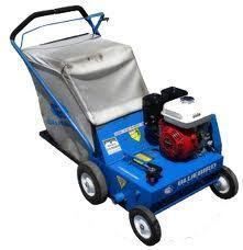 Blue lawn vacuum with blue body, white bag, and red engine.