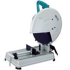 Metal-cutting saw with a blue handle and safety shield. Mounted on a silver base.