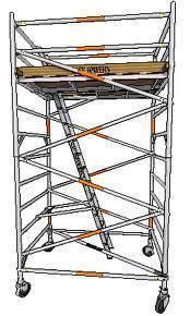 Scaffolding tower with a wooden platform and a built-in ladder; wheels on the base.