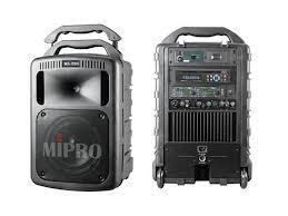 Black portable MIPRO PA system, front and back views, with speaker, controls, and handle.