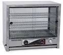 Silver commercial food warmer with glass sliding doors and interior racks.