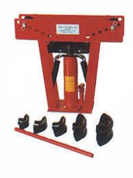 Red hydraulic pipe bender with bending dies and lever, on white background.