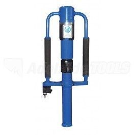 Blue post driver with black handles; used to drive posts into the ground.