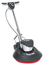 Floor buffer with a red brush, black base, and silver handle.