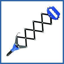 Blue and black accordion-style rivet gun tool on white background.