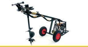 Black wheeled auger with an earth drill bit; red wheels on white background.