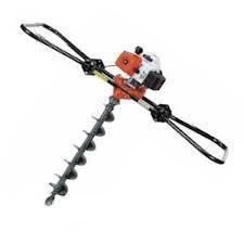 Gas-powered post hole digger with black auger bit and handles, orange and white engine.