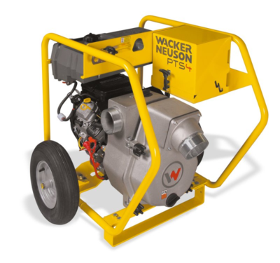 Yellow Wacker Neuson PTS4 water pump on wheels, for construction.