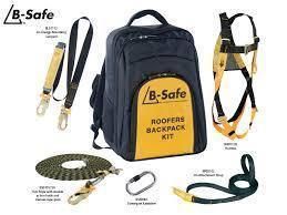 B-Safe Roofers Backpack Kit: backpack, harness, lanyard, safety strap, and accessories.