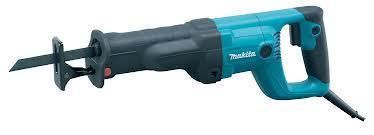 A teal and black Makita reciprocating saw with a blade, lying horizontally.