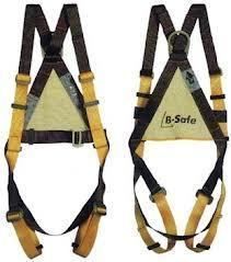 Safety harness, beige triangle with black and yellow straps. 
