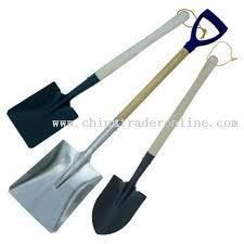 Three shovels with different blade shapes and handle styles.