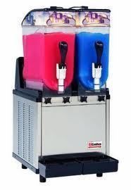Slushy machine with two containers of red and blue frozen drinks.