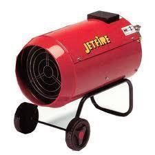 Red Jetfire space heater with black wheels.