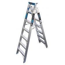 Silver aluminum step ladder, open and ready for use.
