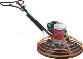 Power concrete finishing trowel, orange and black, with protective cage and engine.